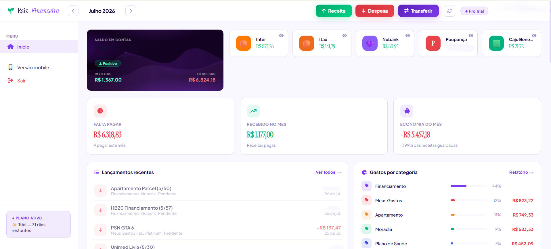 Dashboard da Raiz Financeira para Desktop, versão Pro